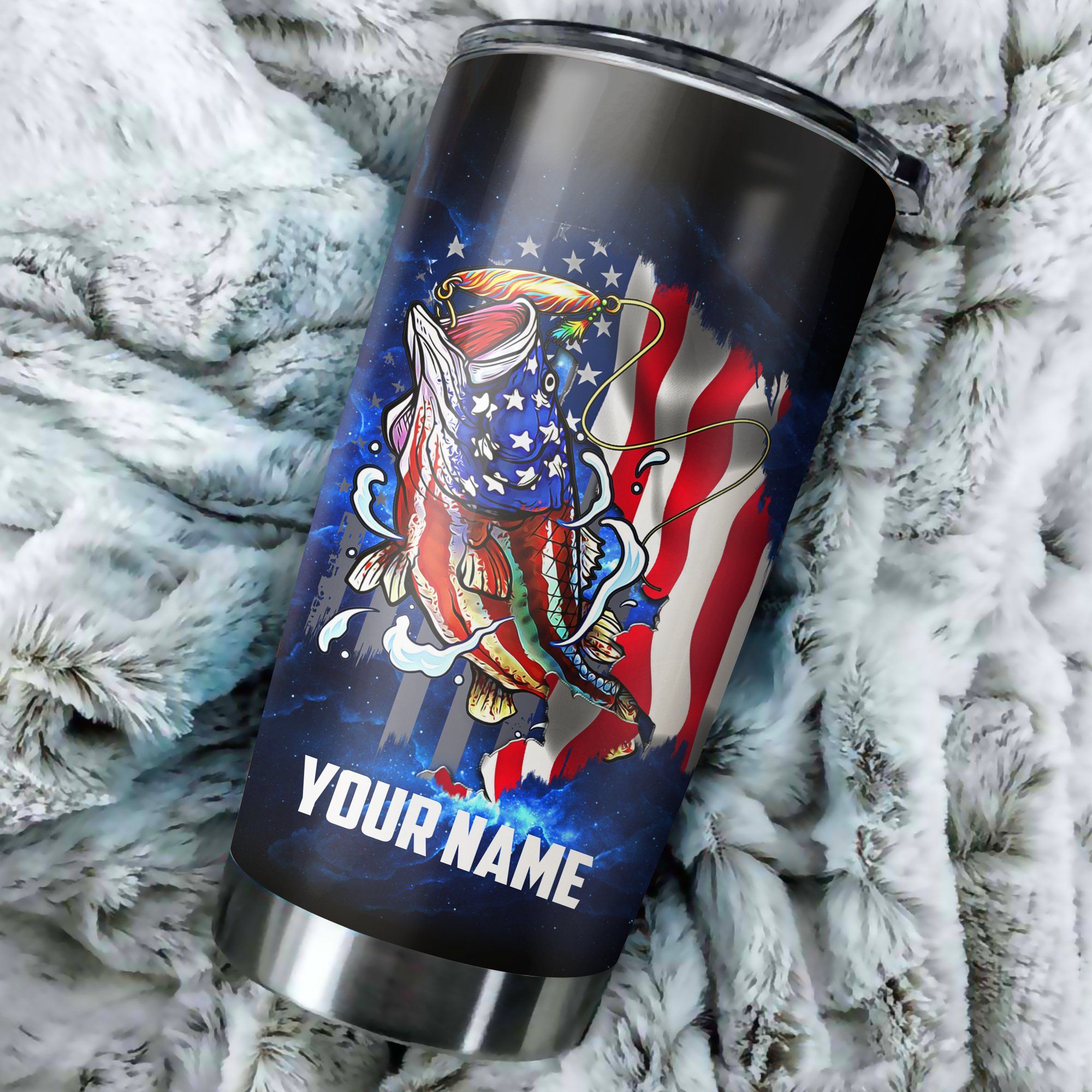 Personalized Custom Name Fishing Gifts Bass Fishing American Flag Patriot Stainless Steel Tumbler Cup, Fishing Travel Mug, Tumbler For Fishing Lovers
