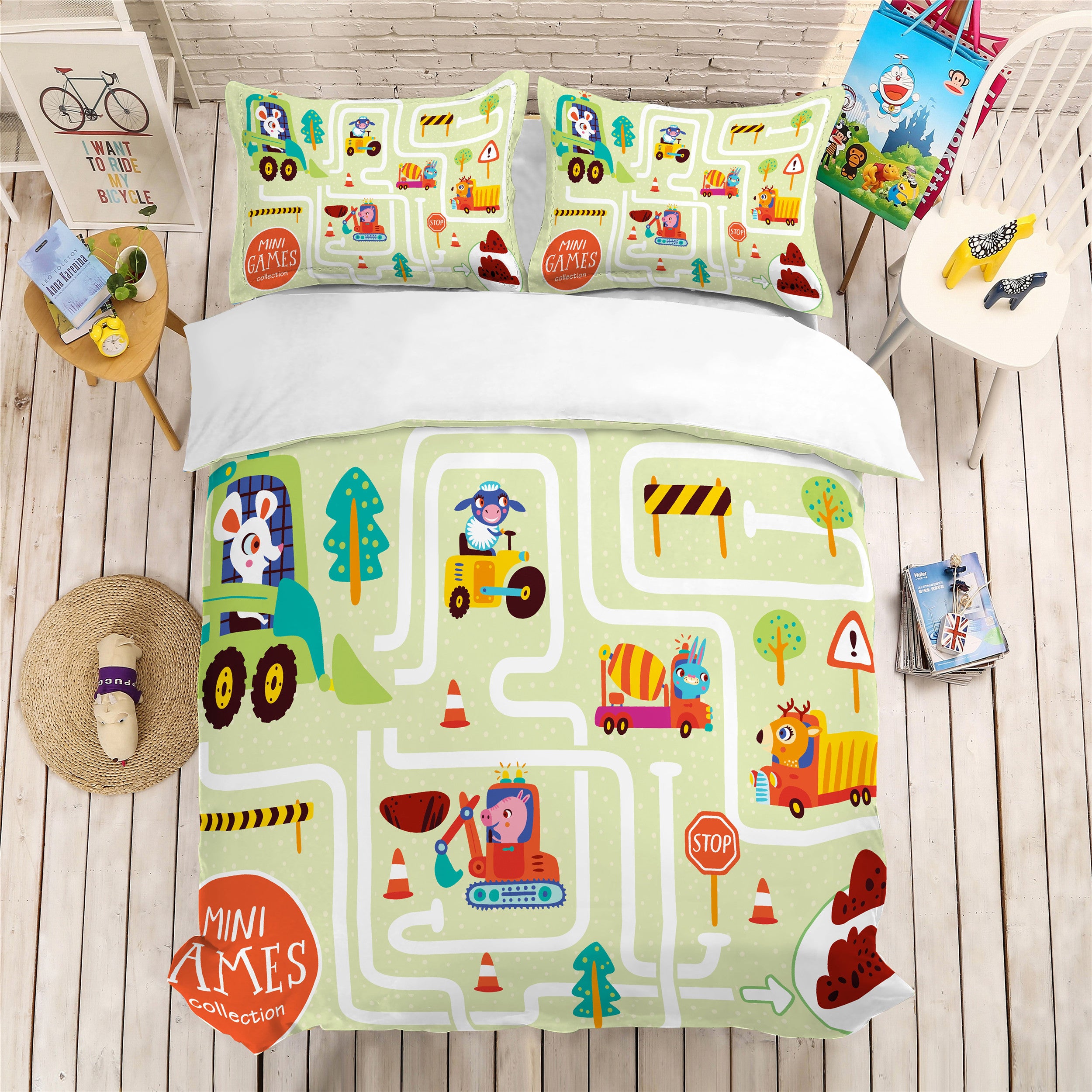 3D Cartoon Animals Car Engineering Vehicle Map Pattern Quilt Cover Set Bedding Set Pillowcases 160