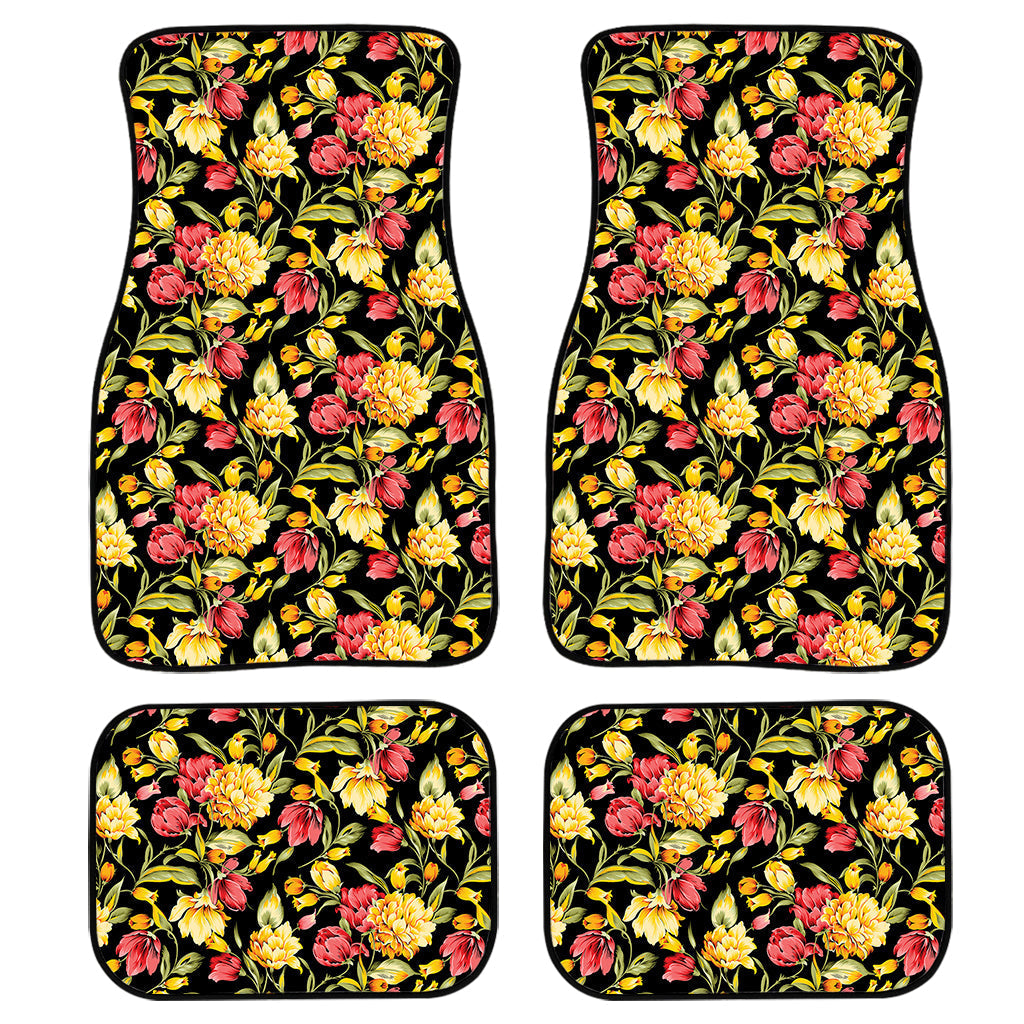 Red And Yellow Flowers Print Front And Back Car Floor Mats, Front Car Mat