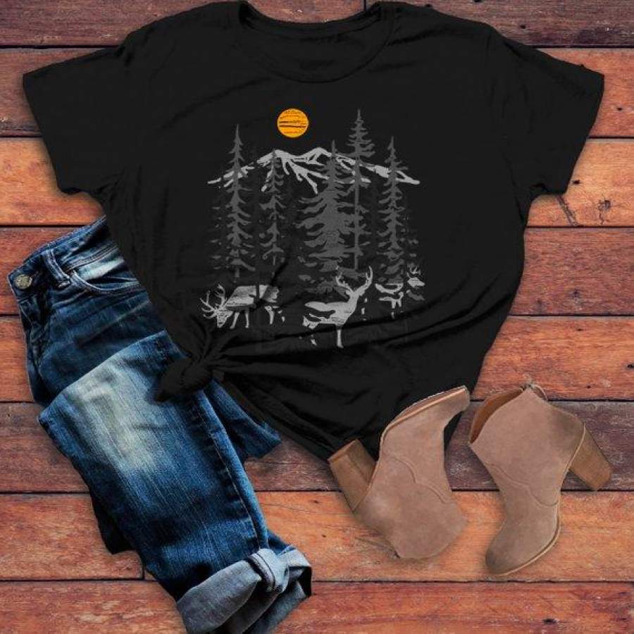 Women’s Forest T Shirt Hand Drawn Shirts Deer Woods Hipster Camping Explore Graphic Tee