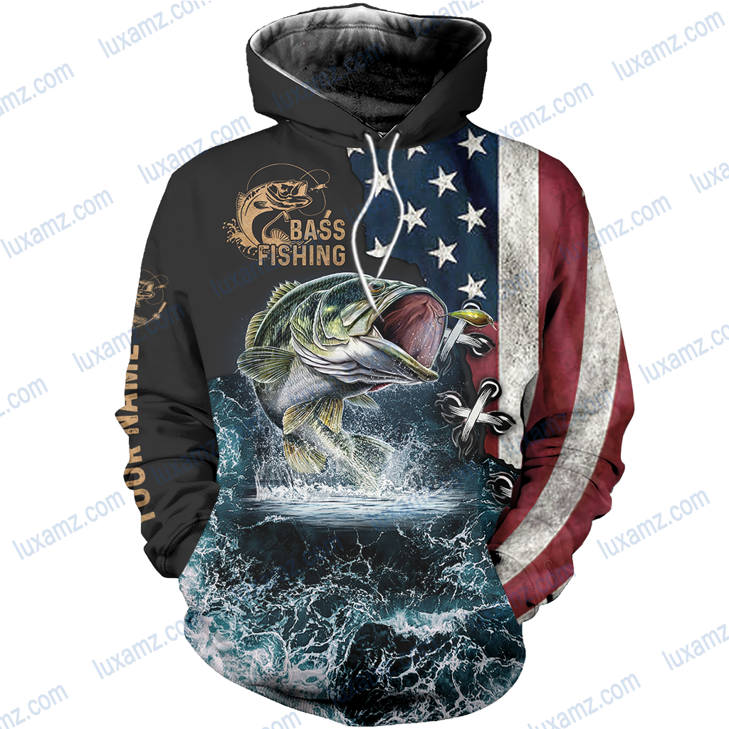 Bass Fishing American Flag Customize Name All Over Print