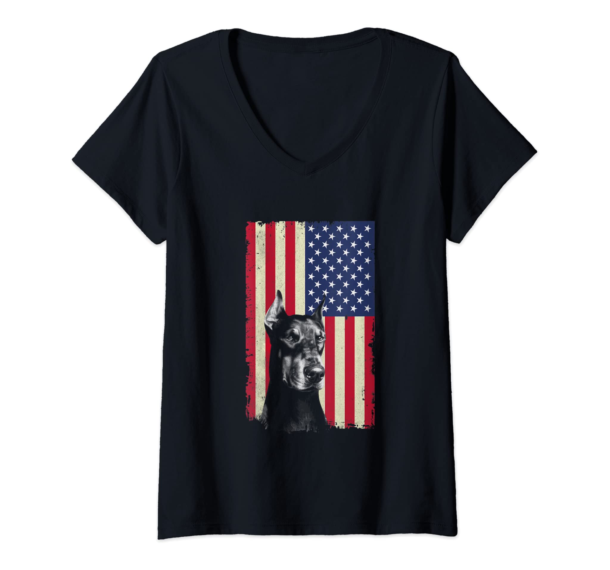 Womens Doberman American Flag Vintage Independence Day 4th of July V-Neck T-Shirt