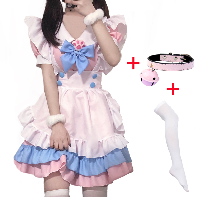 4 Styles Anime Maid Lolita Cosplay Costume Pink Dress Cat Claw Maid Bow Bell Collar and White Stockings alx