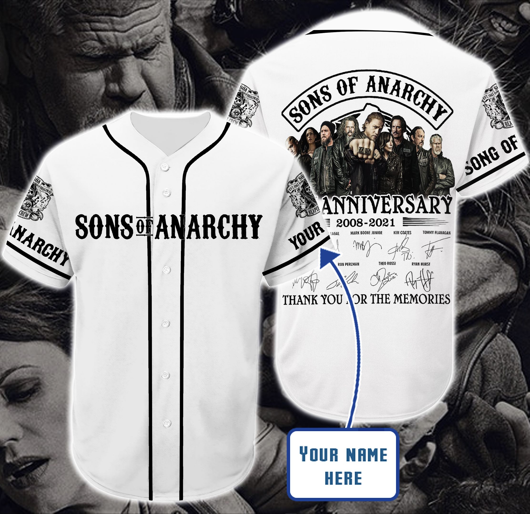 White Son Of Anarchy Personalized Custom Name Baseball Tee Jersey Shirt Unisex Men Women