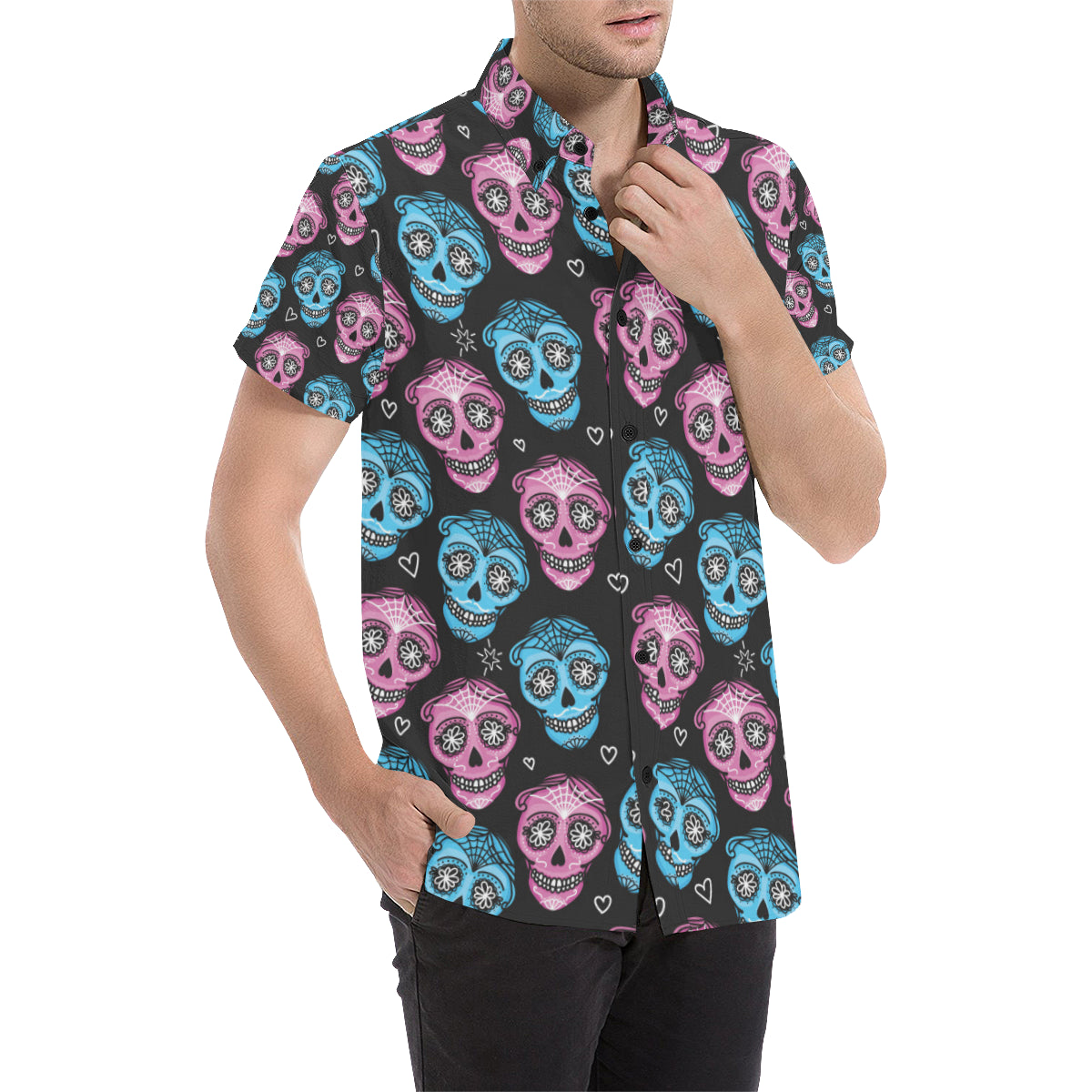 Day Of The Dead Skull Print Pattern Men Button Up Shirt – Skull Art Print