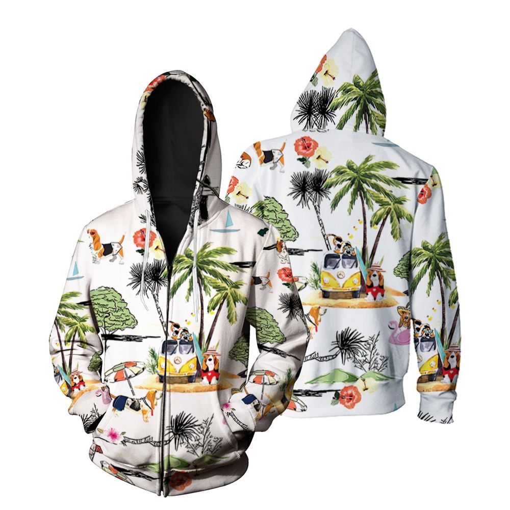 Basset Hound Hawaii Beach Retro Jersey Zip Hoodie Ha101655