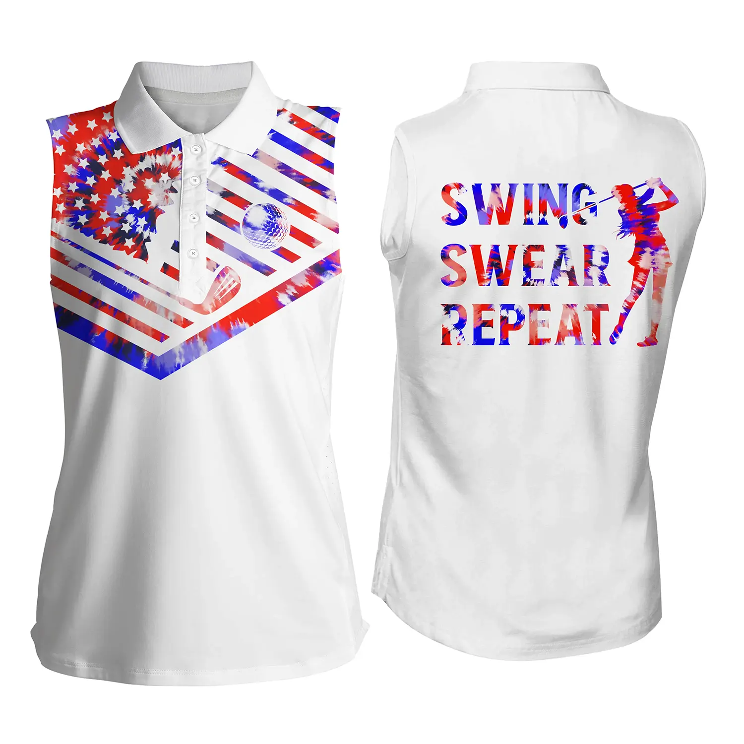 Women’S Sleeveless Golf Polo Shirt, Red Blue Tie Dye American Flag Swing Swear Repeat Patriotic Shirt