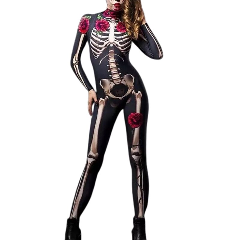 Women Halloween Cosplay Jumpsuits Funny Skeleton Bodysuit 3D Stretch Skinny Jumpsuit One Piece Outfit Catsuit for Adults alx