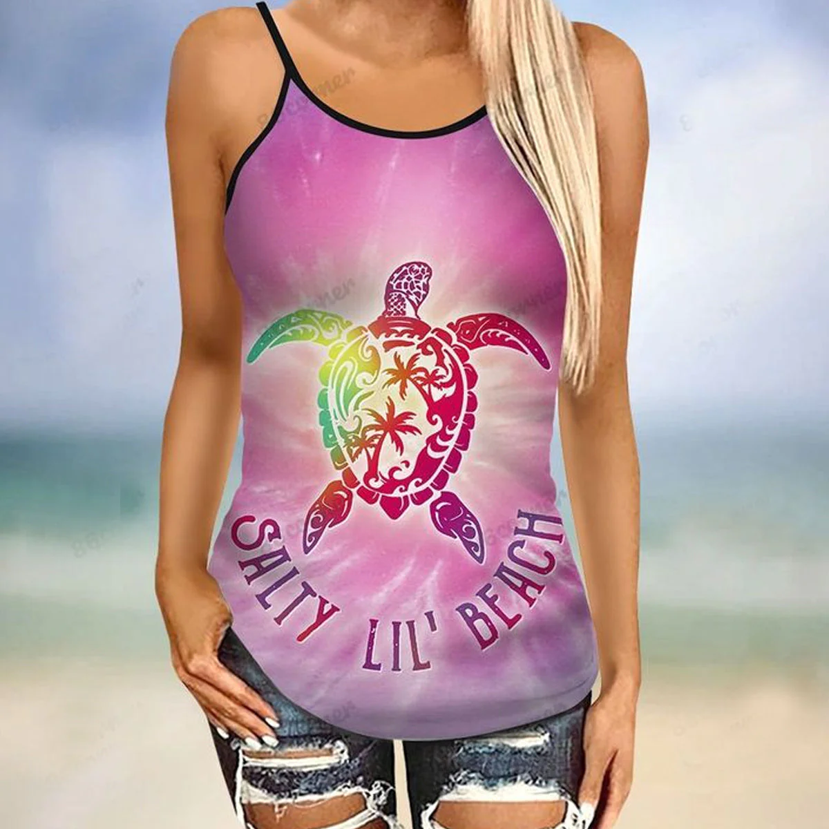 Turtle Salty Beach Pink Criss-Cross Tanktop For Women