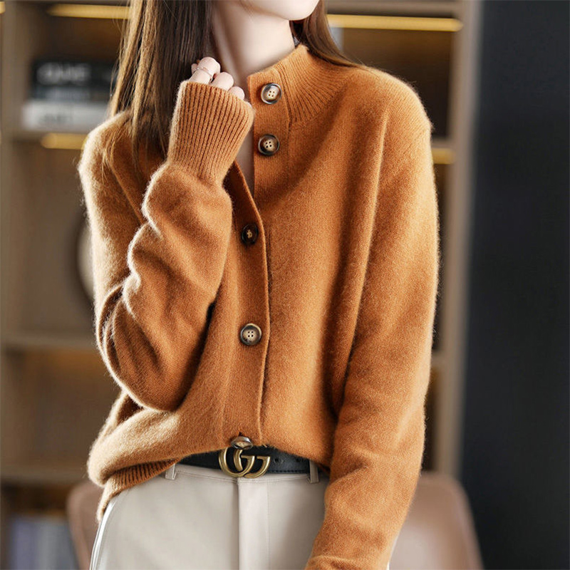 Autumn Winter Stand Collar Elegant Fashion Buttons Sweater Women Solid All-match Knitting Cardigan Lady Korean Style Warm Coat alx