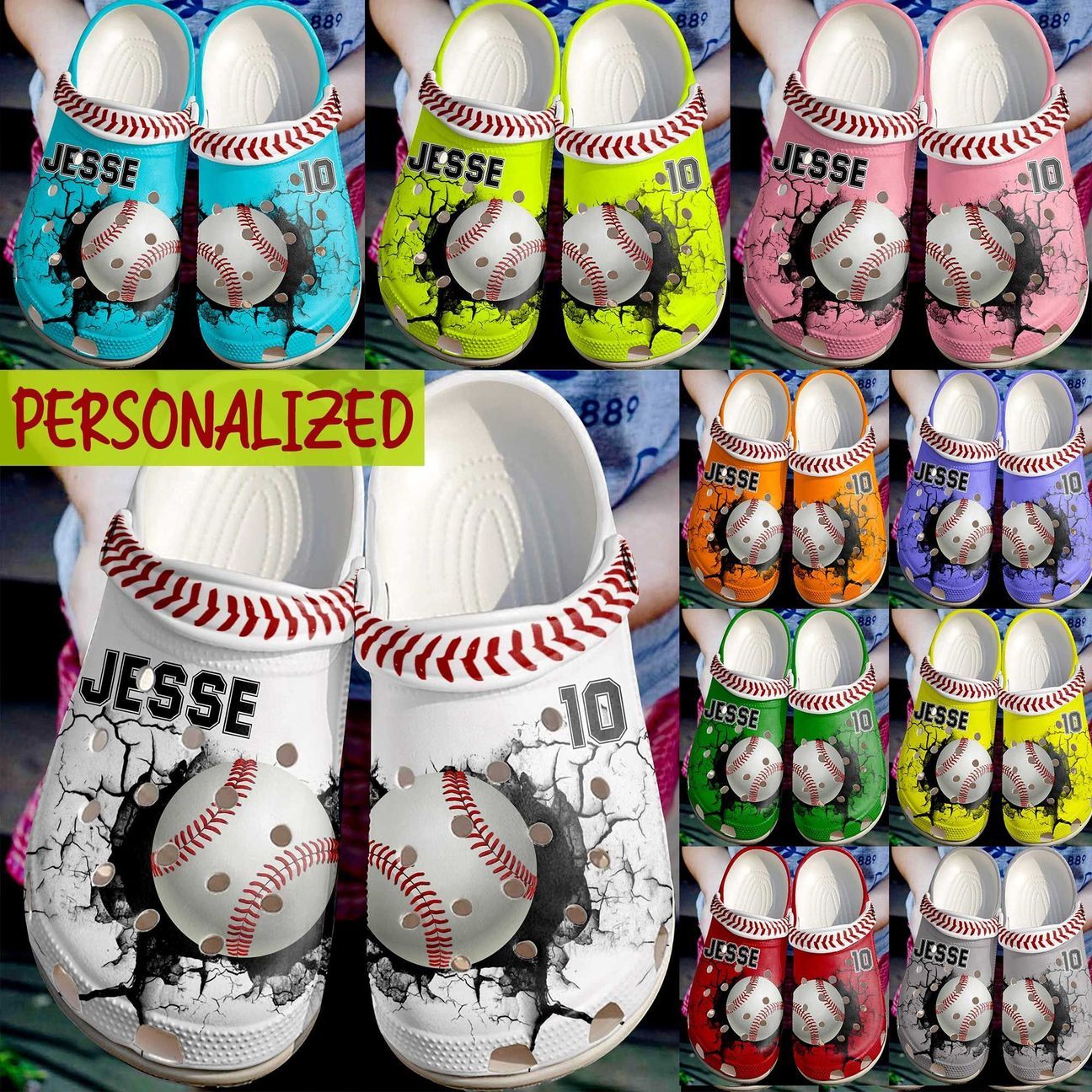 Baseball Personalized Clog, Custom Name, Text Crack Wall Baseball, Fashion Style For Women, Men, Kid, Print 3D