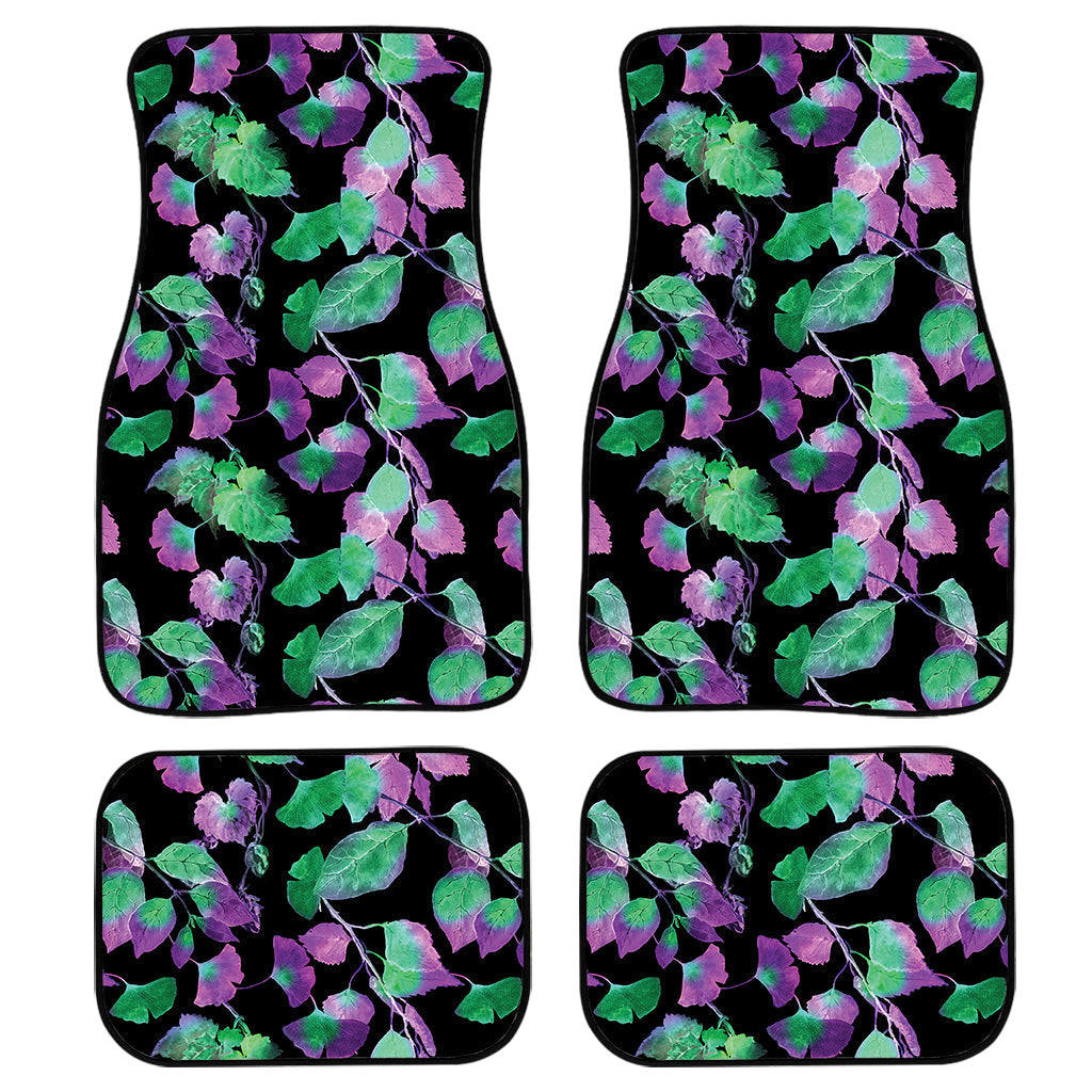 Purple And Green Leaf Pattern Print Front And Back Car Floor Mats, Front Car Mat