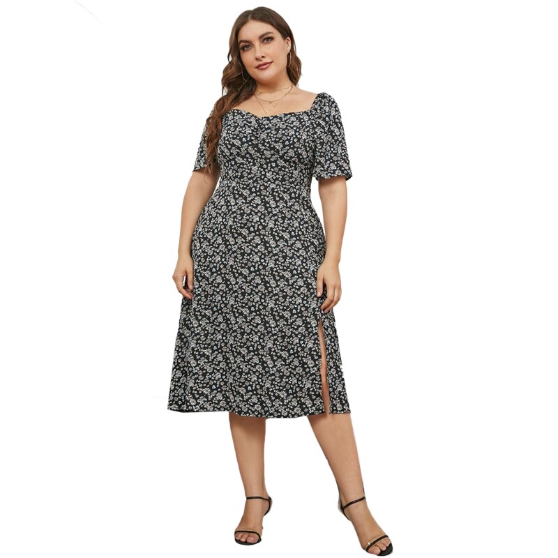 83XC Ins Korean Plus Size Women Midi Dress Floral Casual Loose Dress Summer Vacation alx