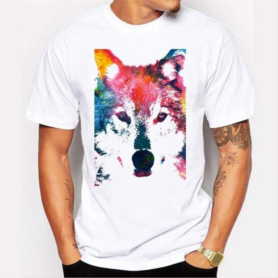 2017 Summer Fashion Men’S T-Shirt 3D Colorful Wolf Print O-Neck T-Shirt Novel Fashion Trend T-Shirt