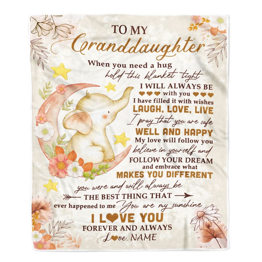 Personalized To My Granddaughter Blanket From Grandma Gigi Flower Elephant Moon Granddaughter Birthday Christmas Customized Bed Fleece Throw Blanket