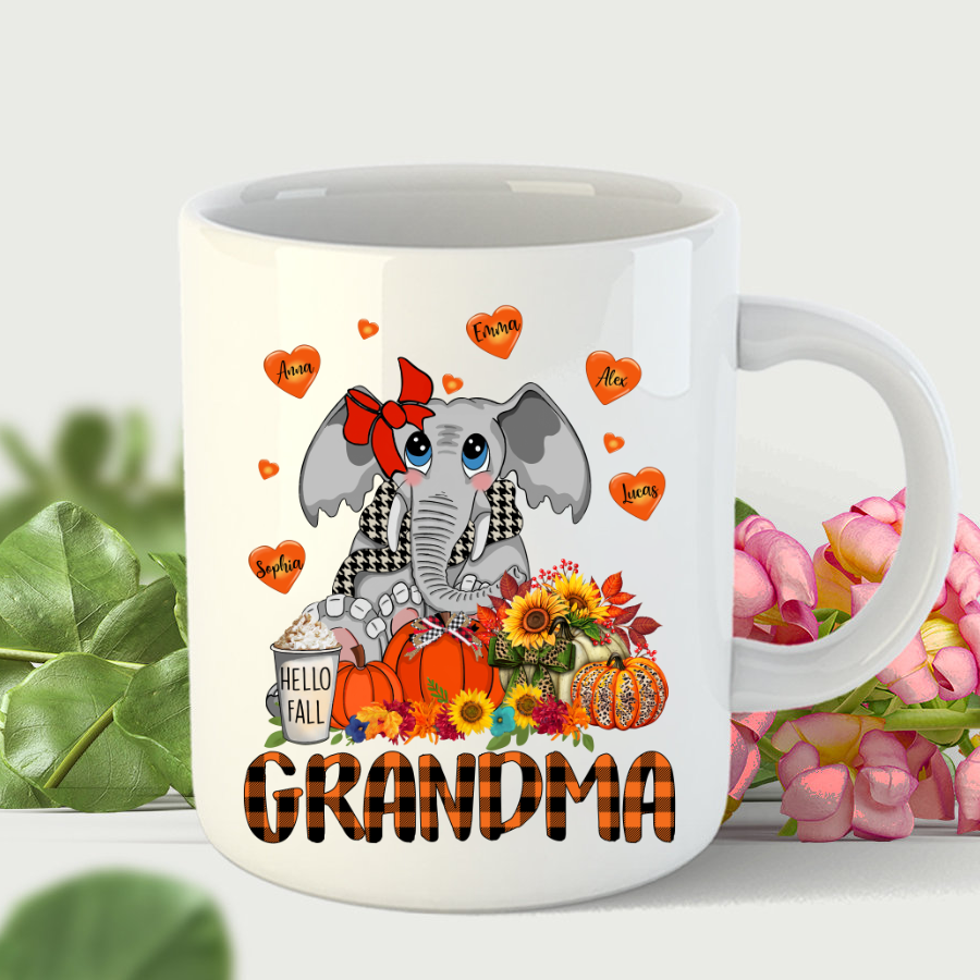 Grandma Fall Elephant Gift Custom Kidnames Mug