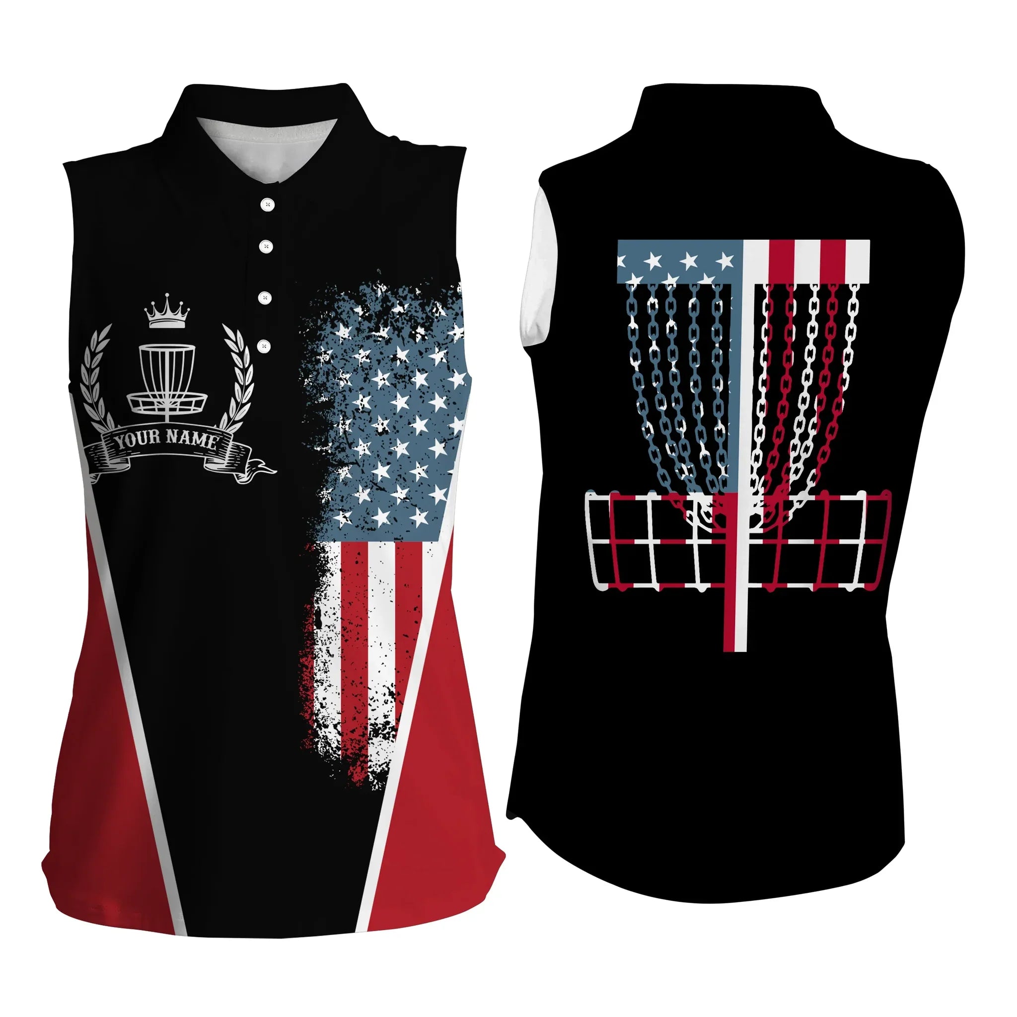 American Flag Disc Golf Basket Patriotic Womens Sleeveless Polo Shirt Custom Disc Golf Shirt For Women