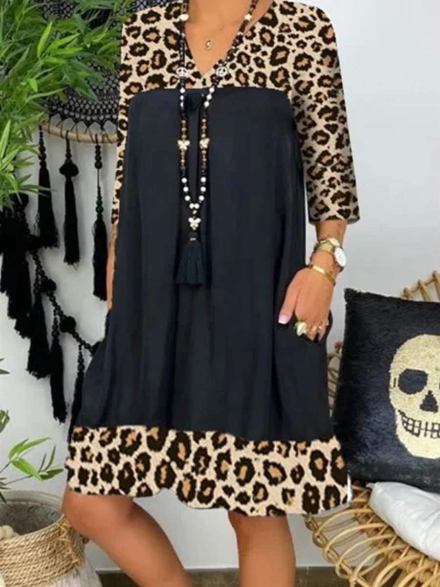 V-Neck Leopard Print Panelled Loose Dress