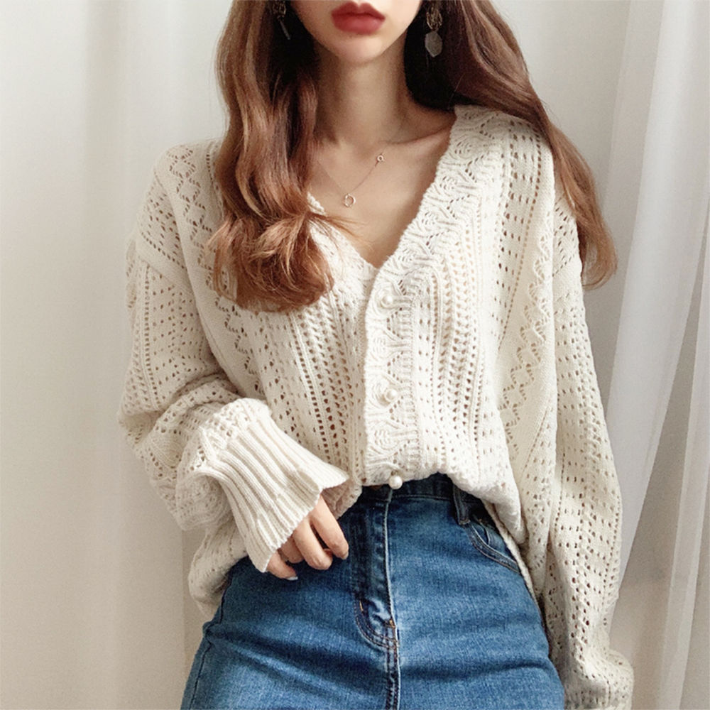 2020 Women Spring Summer Sweater and Cardigans Low V-Neck Knit Tops Long Sleeve Hollow Out Sexy Cardigan Loose White Tops alx