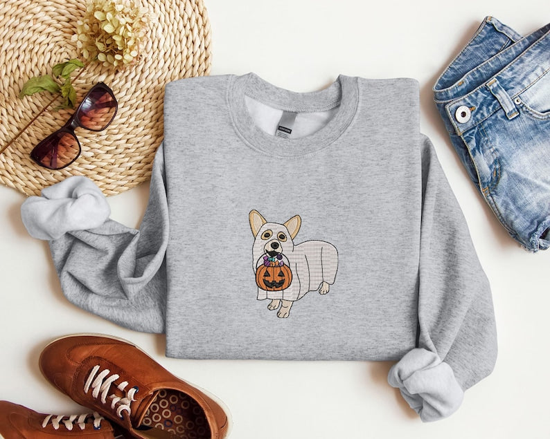 Corgi Ghost Dog Halloween Embroidered Sweatshirt