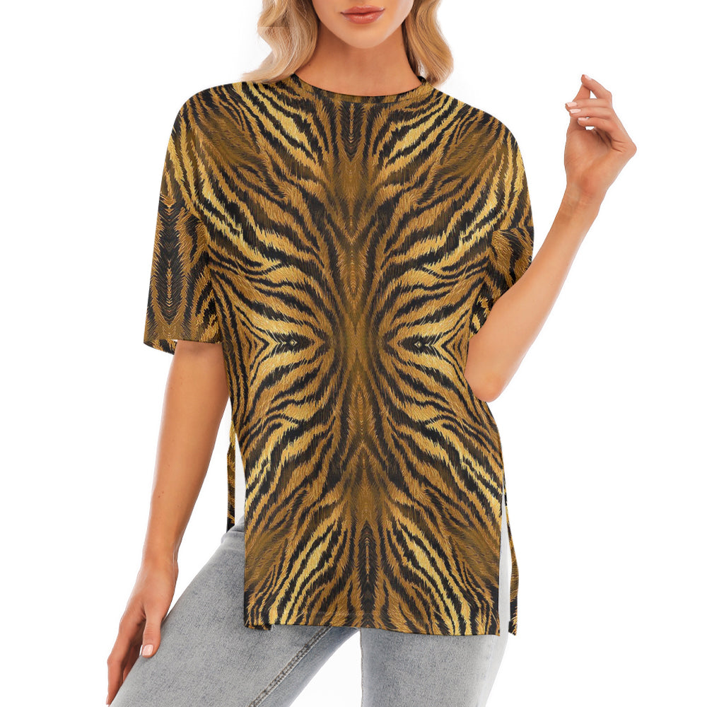 Tiger Skin Print Short Sleeve T-Shirt With Hem Split