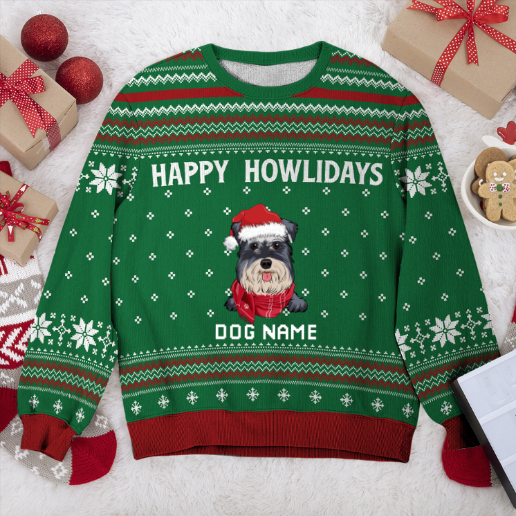 Schnauzer Happy Howlidays Personalized Sweater, Dog Ugly Christmas Sweater