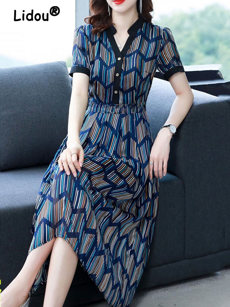 Summer Autumn 2022 Elegant Fashion Waist Midi Dress New Women’s Clothing Geometric Office Lady Chic Temperament femme Vestidos alx