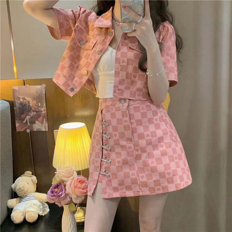 Summer Sexy Plaid Skirt Suit Women 2 Piece Set Korean Style Short Sleeve Cropped Jacket And Design Pin A-Line Mini Skirt Outfits alx