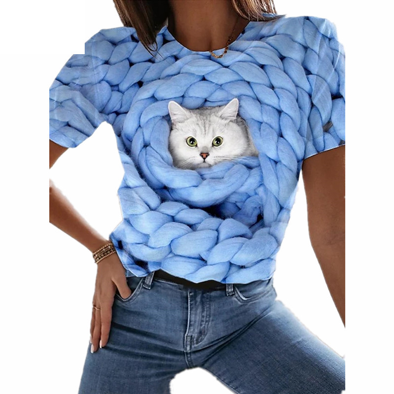 Summer New Fashion 3d Printing Kawaii Cute Pocket Cat Ladies T-shirt Street Personality Multi Change Loose Sports Breathable Top alx