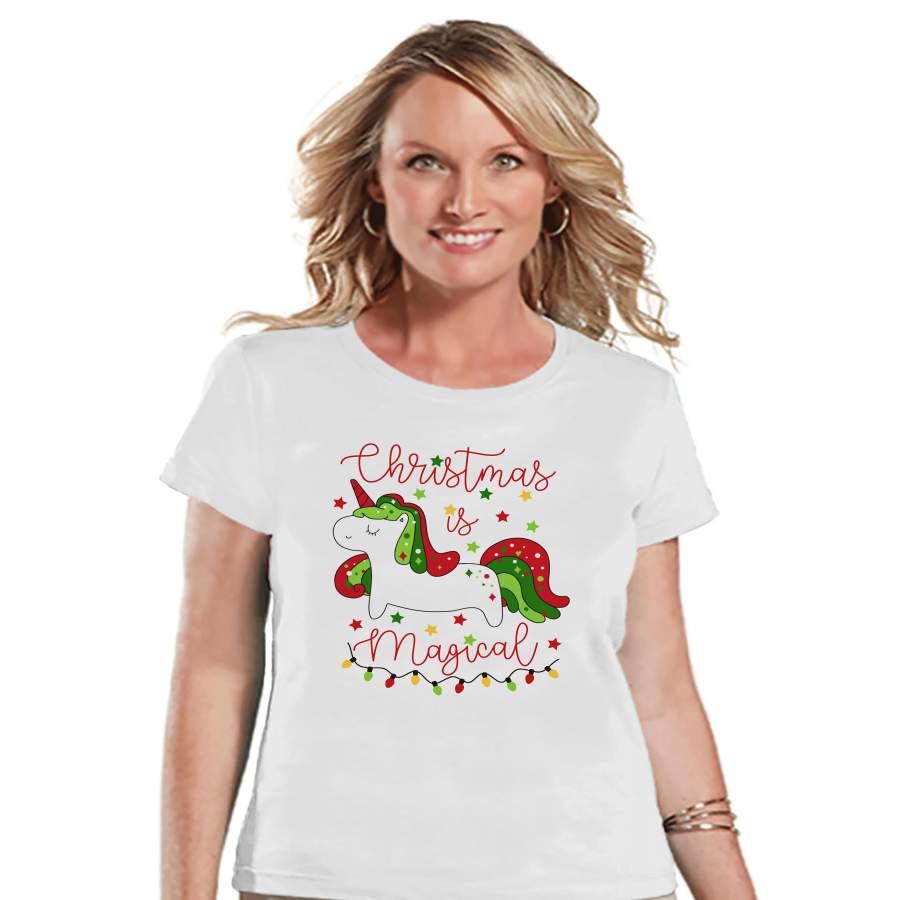 Women’s Unicorn Shirt – Christmas is Magical – Merry Christmas Unicorn T-shirt – Womens White T-shirt – Xmas Unicorn – Gift for Her – Lights