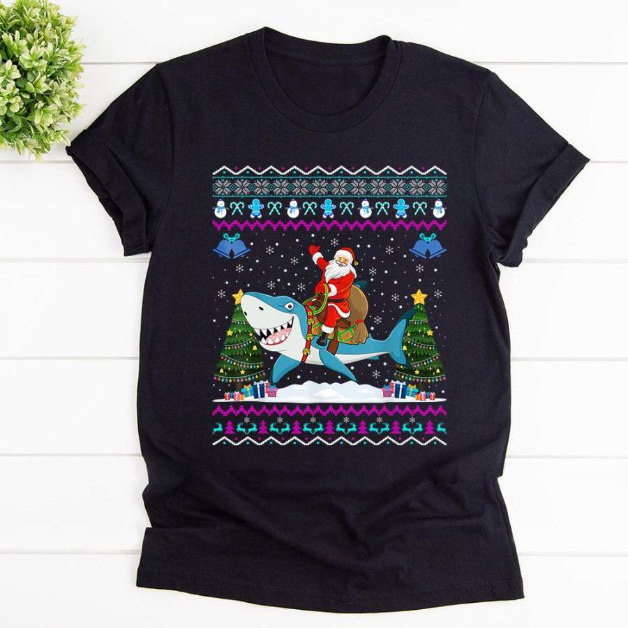 Shark ugly xmas gift santa riding shark christmas black cotton t shirt for men and women s-6xl