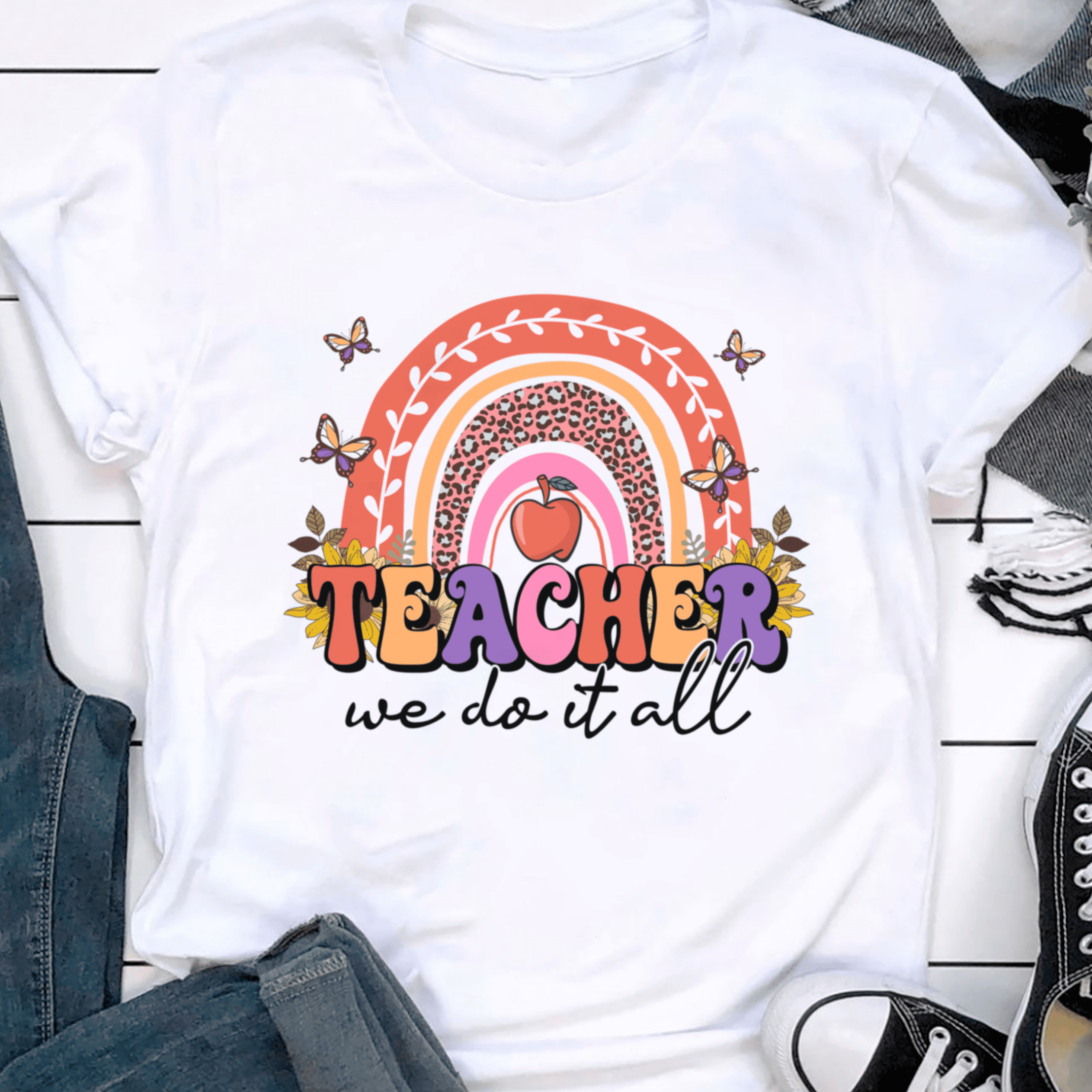 Personalized T-Shirt For Teacher Colorful Leopard Rainbow Design Butterfly Print Custom Name Back To School Outfit