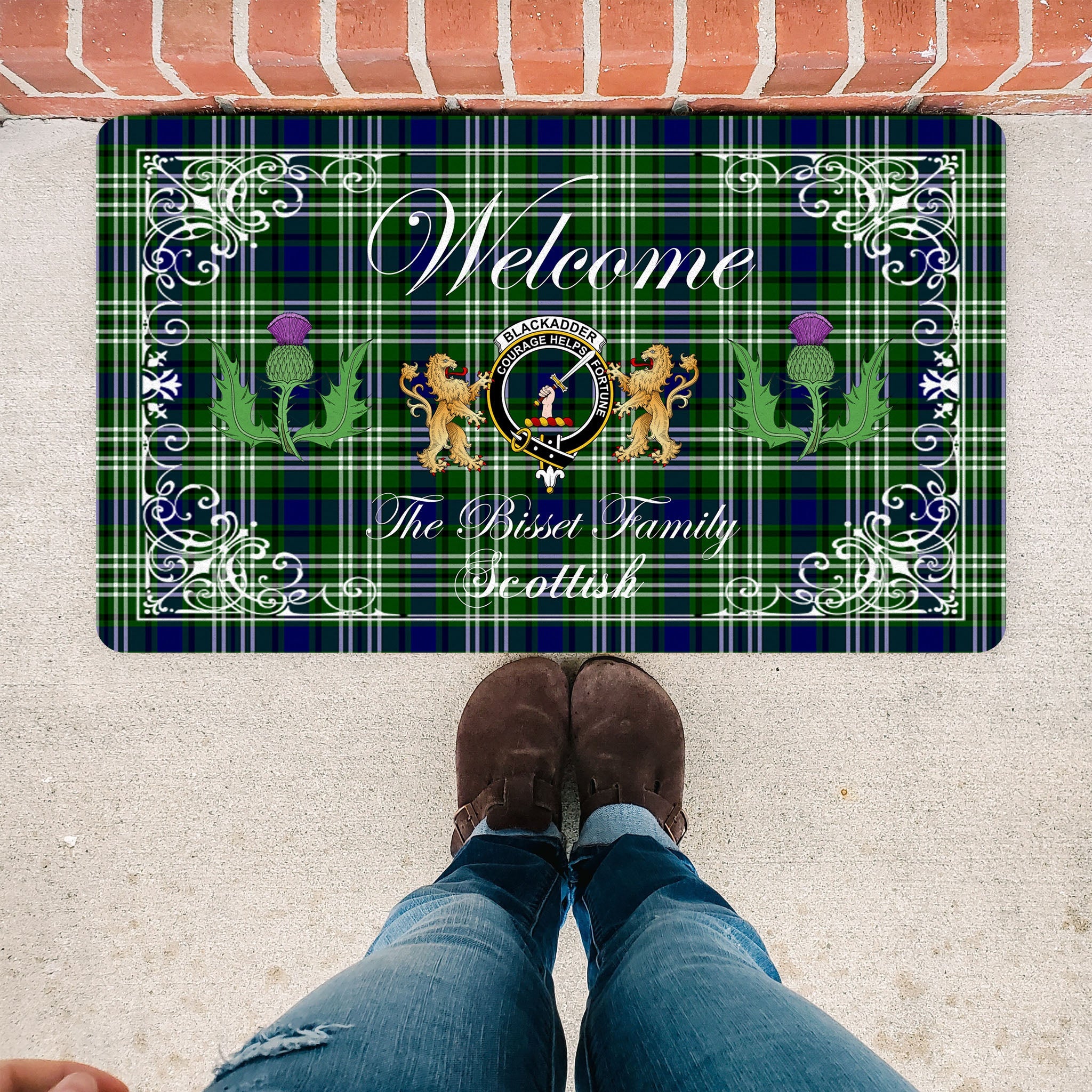 Scotstee Shop Tartan Door Mats Clan Blackadder Badge Tartan Thistle And Two Lion Scottish Plaid Doormat, Christmas Door Mat Gift