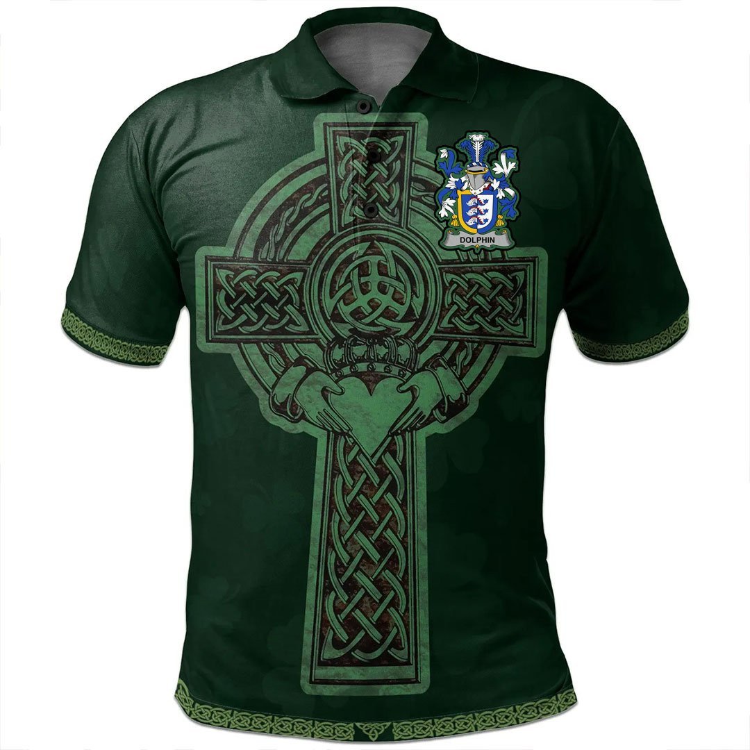 Ireland Clothing – Dolphin Or Dolphyn Irish Family Crest Polo Shirt – Irish Cross With Celtic Knot And Claddagh Ring A7