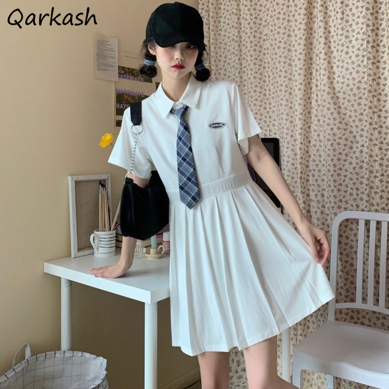 Women Short Sleeve Dresses Students Pleated Turn-down Collar Letter Vestido Preppy Style Slender Soft Mini Summer Casual Fashion alx