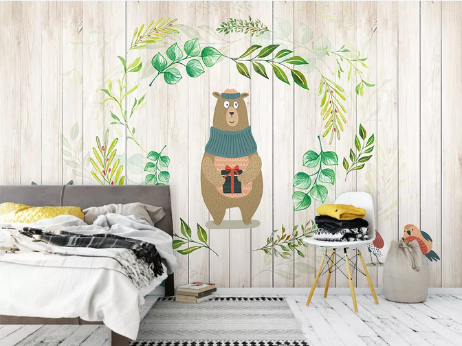 3D Cartoon Animal Bear Green Leaf Wall Mural Wallpaper Lqh 125