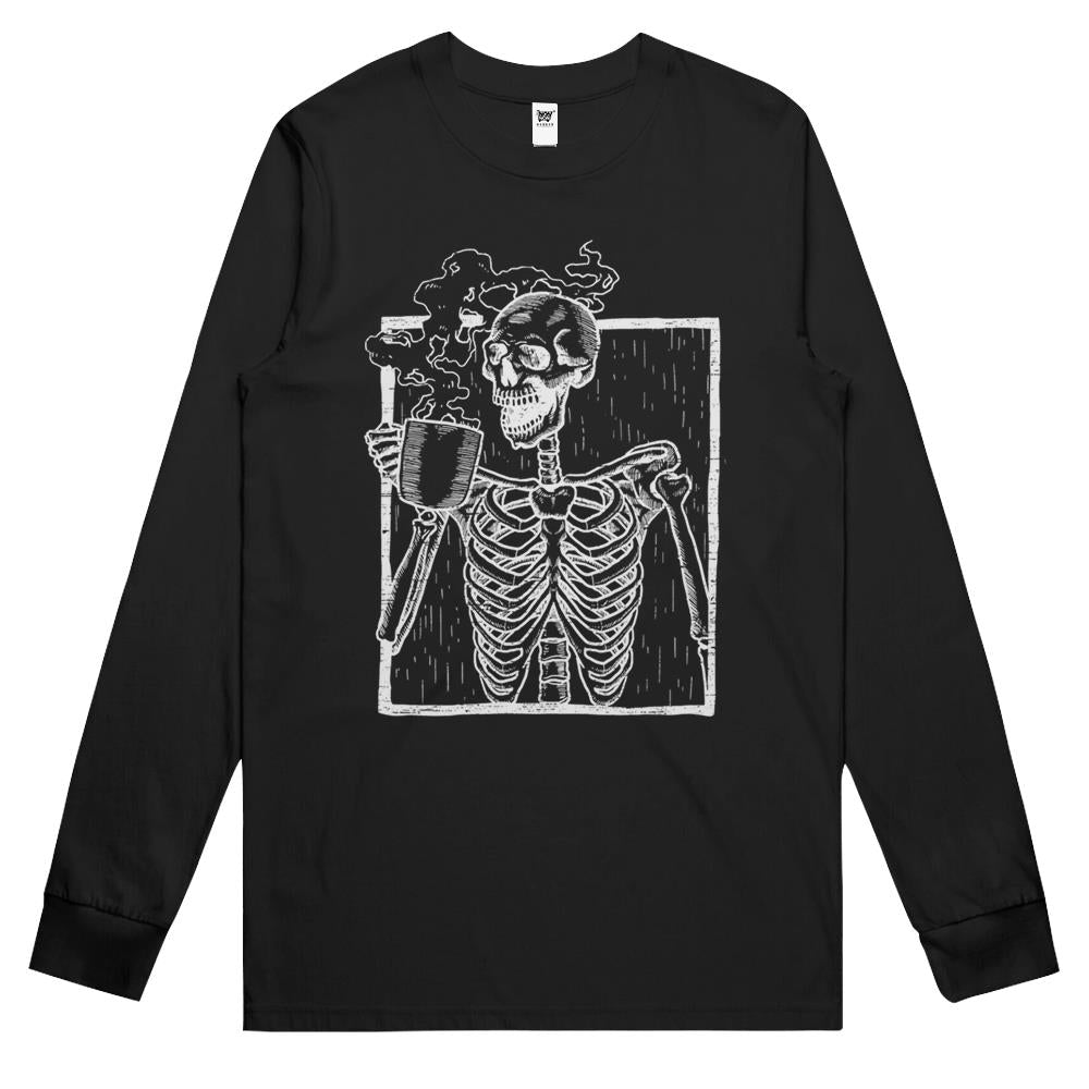 Distressed Skeleton Vintage Smiling Skull Drinking Coffee Long Sleeve T Shirts