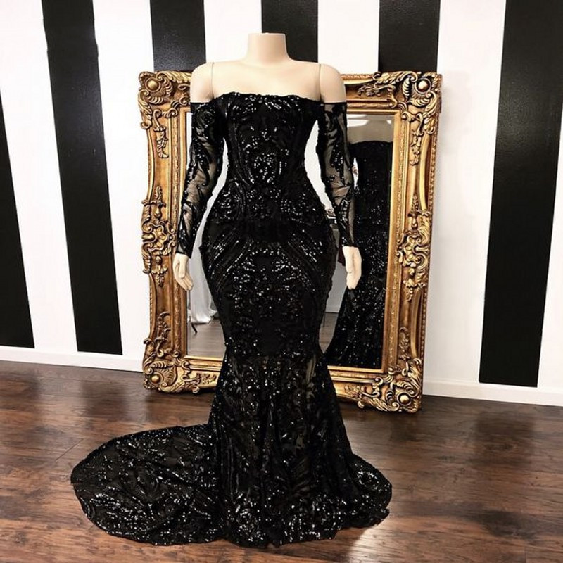 Vinca Sunny Black Sparkle Sequined Lace Mermaid Prom Dresses 2023 Long Sleeve Off Shoulder Formal Evening Gowns Plus Size alx