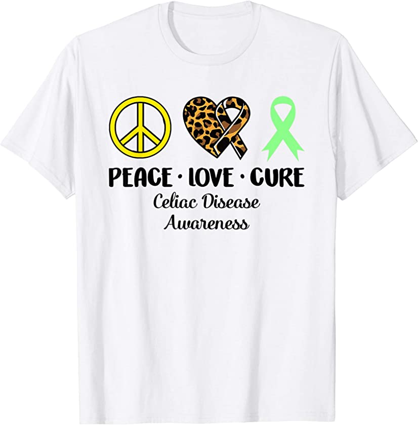 Celiac Disease Awareness Peace Love Leopard Heart Ribbon T-Shirt