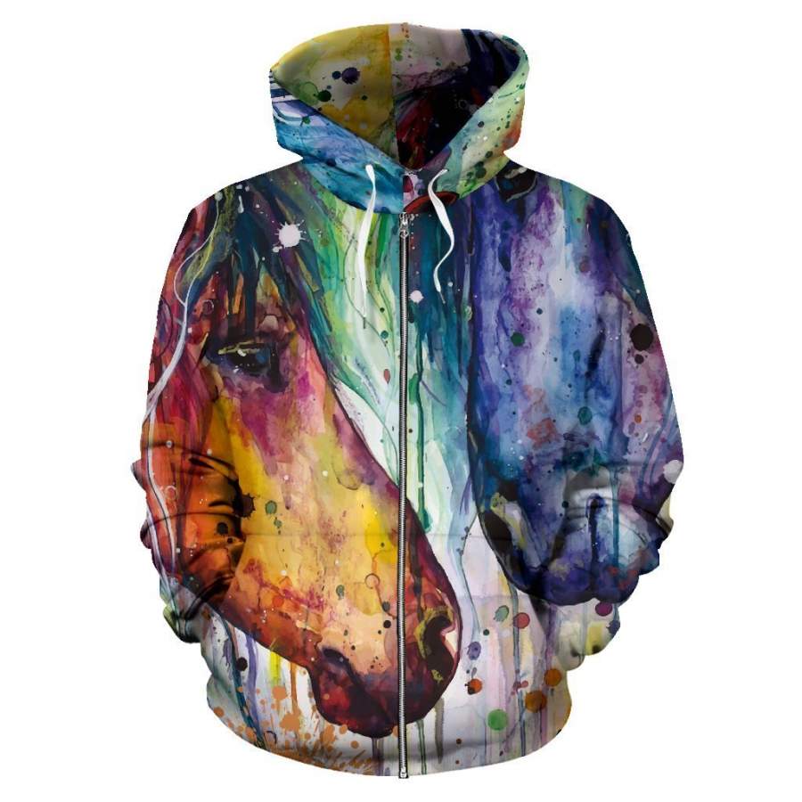 Two Horses Colorful Watercolor Painting Zip-up Hoodie