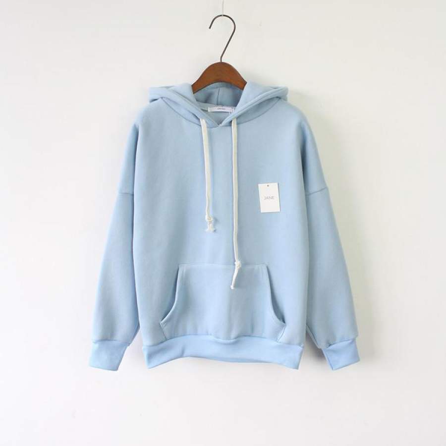 Women’s Long Sleeve Light Blue Casual Harajuku Winter Hooded Sweatshirt Pocket Design Pullover Hoodie