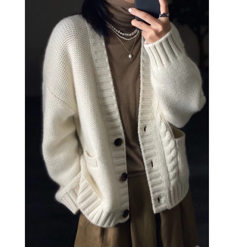 Autumn winter new fund pure cashmere cardigan female twist add thick sweater languid lazy wind loose sweater coat alx