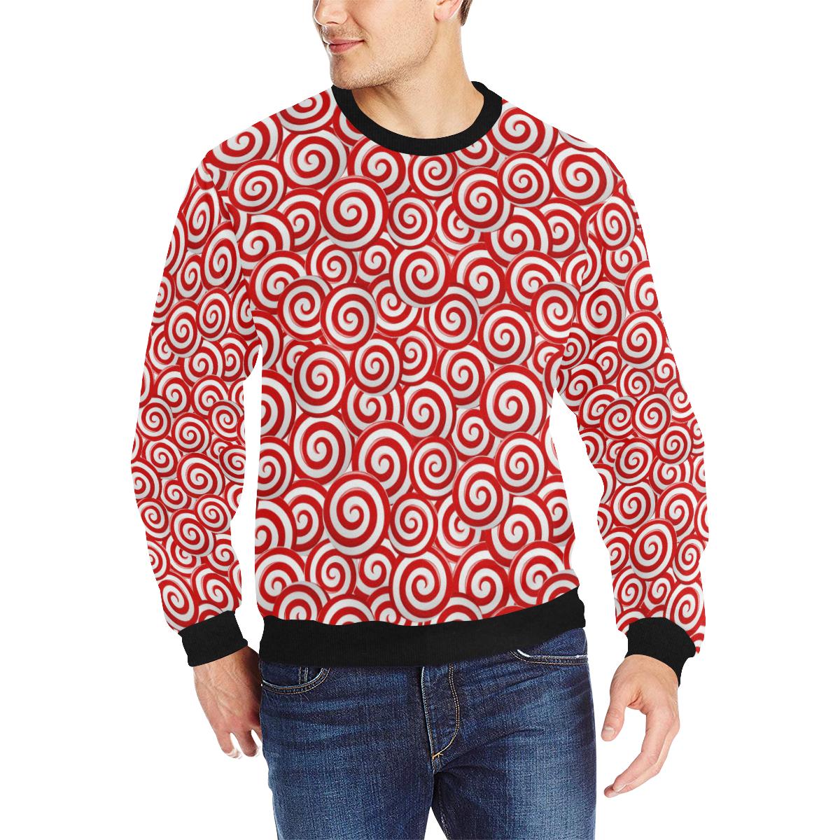 Red and White Candy Spiral Lollipops Pattern Men’s Crew Neck Sweatshirt