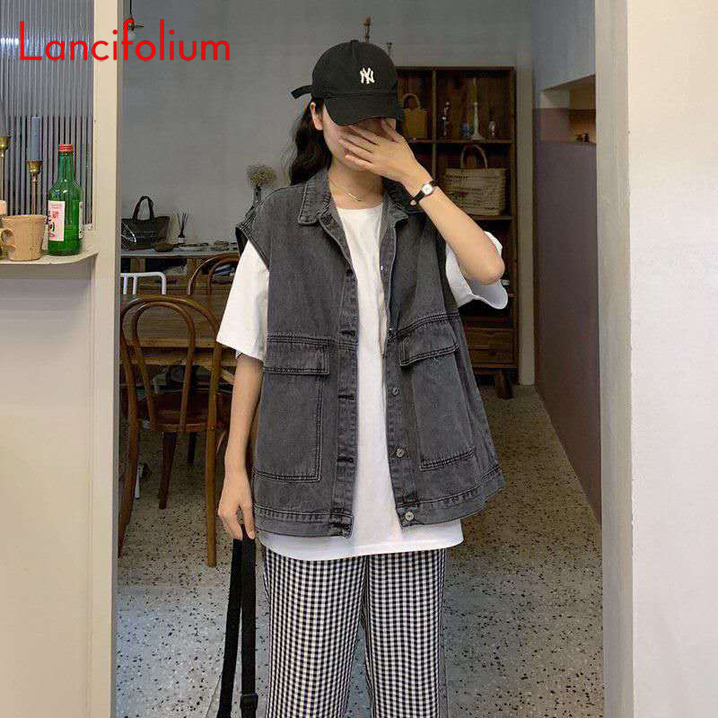 BF Blue Denim Vest Women 2021 Vintage 8size Korean Big Pocket Black Jean Vest Kpop Sleeveless Cardigan Tank Top Vest Jacket Coat alx