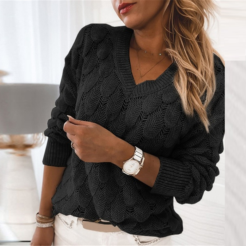 Winter Feather Hollow Sweater Ladies V-neck Sexy Long Sleeve Pullover Elegant Female Casual Solid Color Tops Knitted Sweaters alx