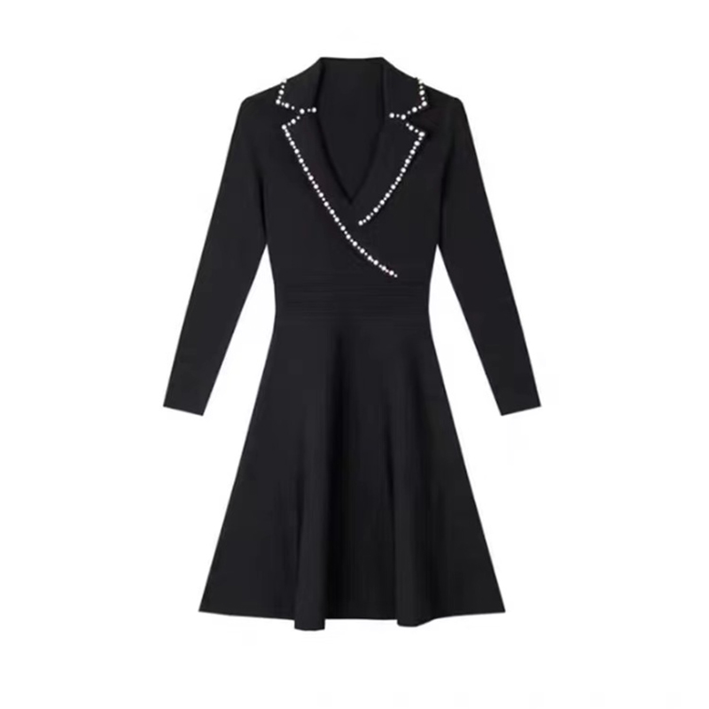 Autumn Winter New French Elegant Knitted Dress Women Long Sleeve V-neck Slim Waist Robe Ladies Fashion A-line Vestido De Mujer alx