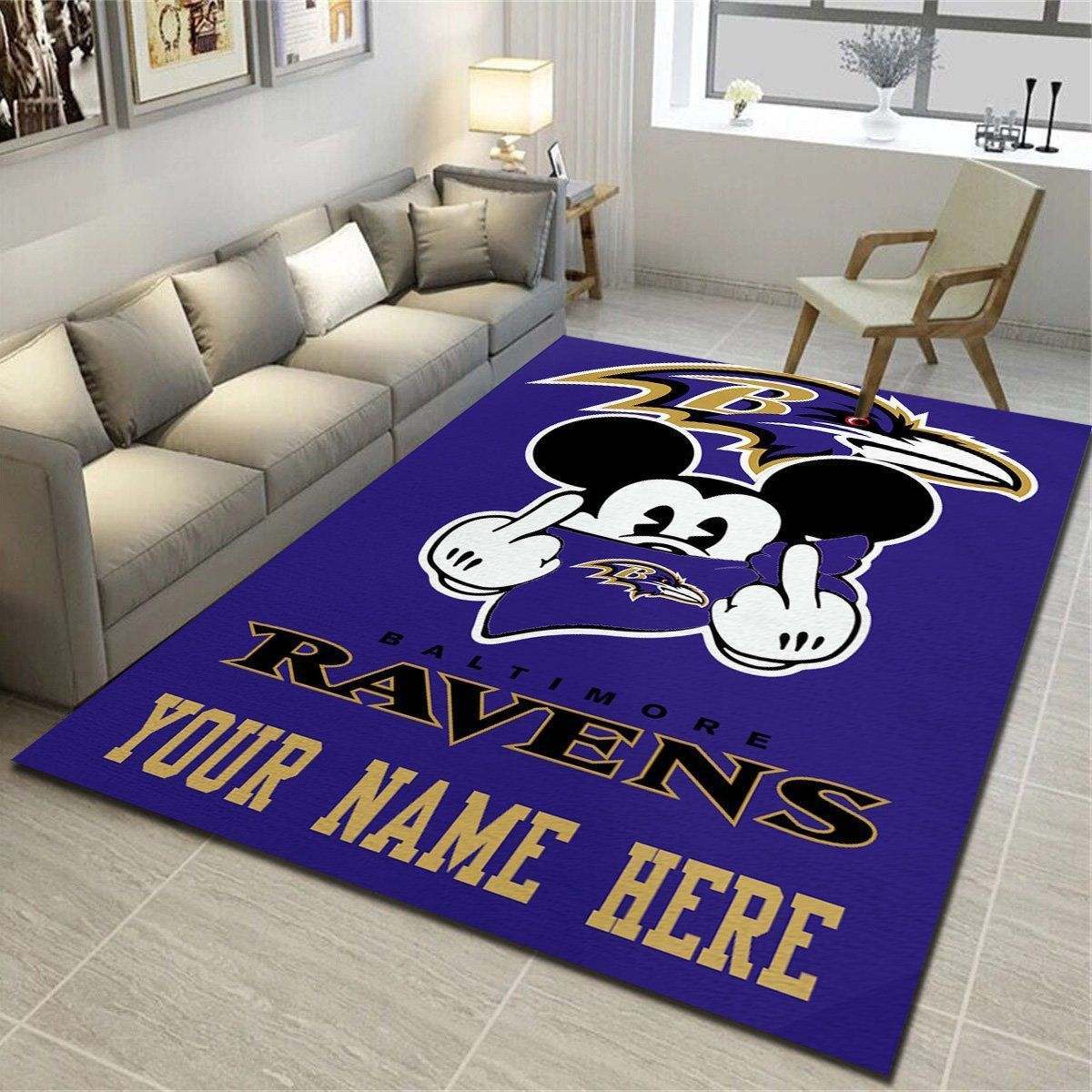 Baltimore Ravens & Mickey Personalized Area Rug, Living Room Bedroom Carpet – Customized Fan Cave Floor Mat