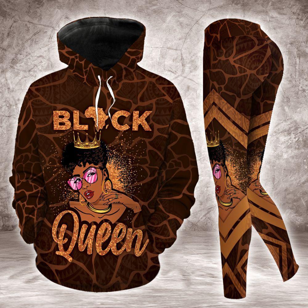 Black Queen All Over Print Leggings Hoodie Set Outfit For Women | Hts1835