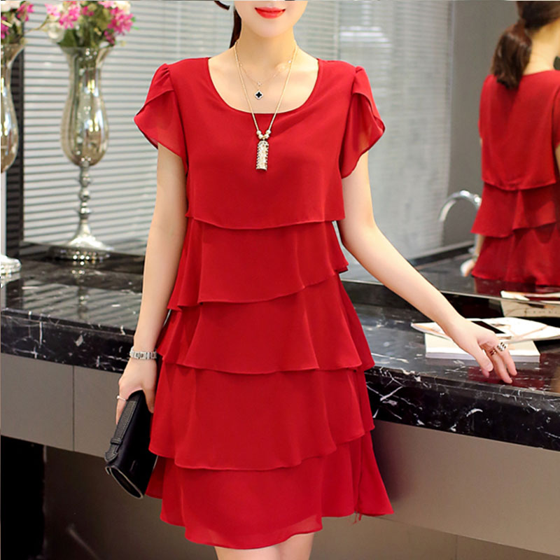 2022 New Women Out Size5XL Summer Dress Loose Chiffon Cascading Ruffle Red Dresses Causal Ladies Elegant Party Cocktail Short alx