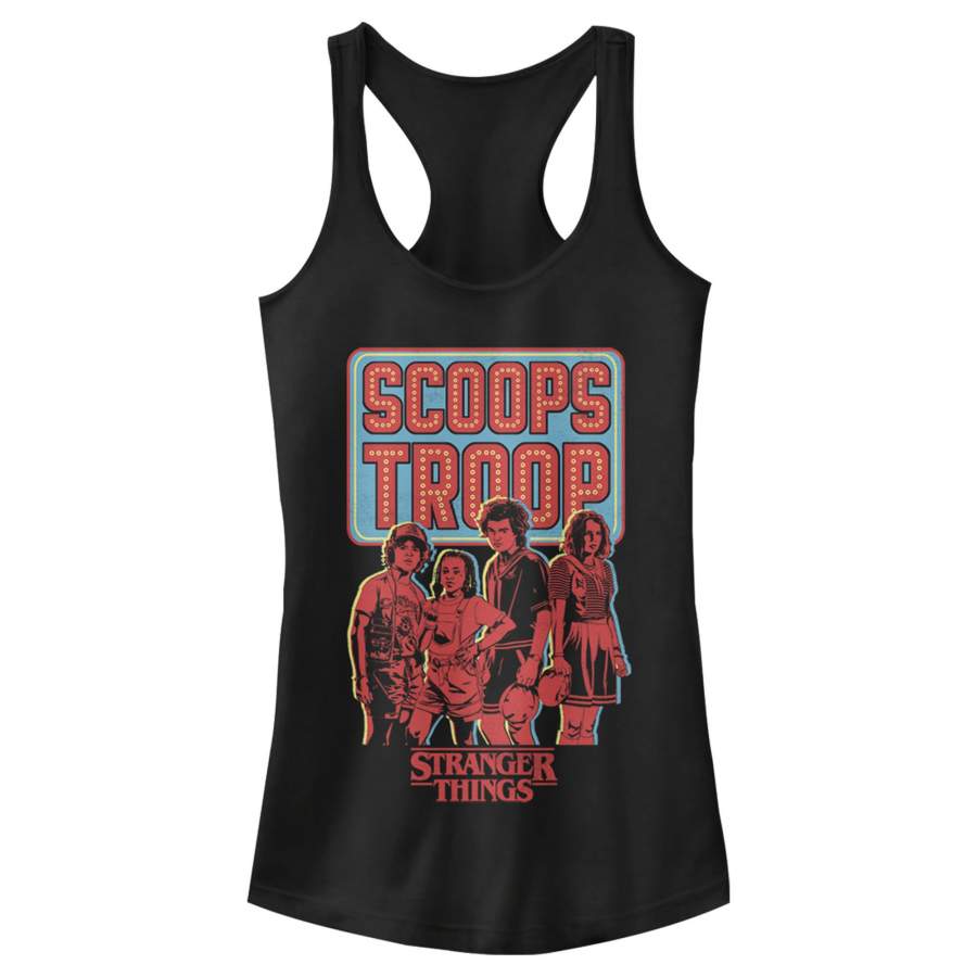 Stranger Things Junior’s Scoops Troop Character Pose  Racerback Tank